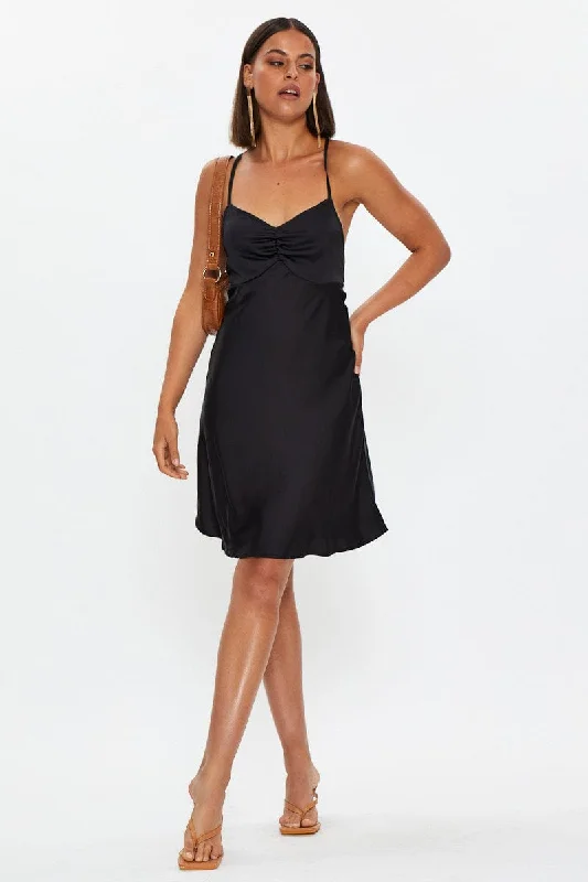 Black Strappy Satin Slip Mini Dress