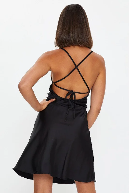 Black Strappy Satin Slip Mini Dress