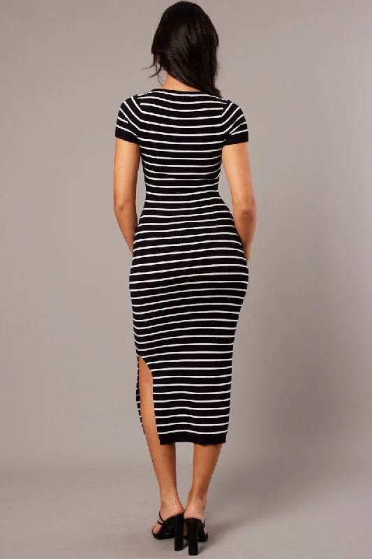 Black Stripe Knit Dress Short Sleeve Bodycon Midi