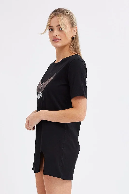 Black Tee Dress Short Sleeve Graphic Print