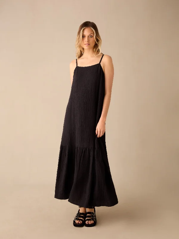 Black Tiered Hem Strappy Cheesecloth Dress