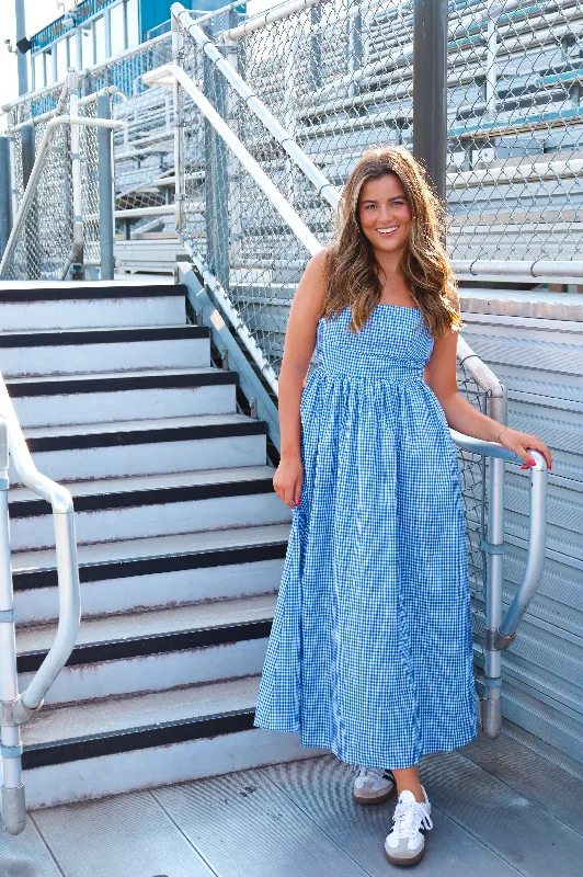 BLUE AND WHITE GINGHAM MAXI DRESS