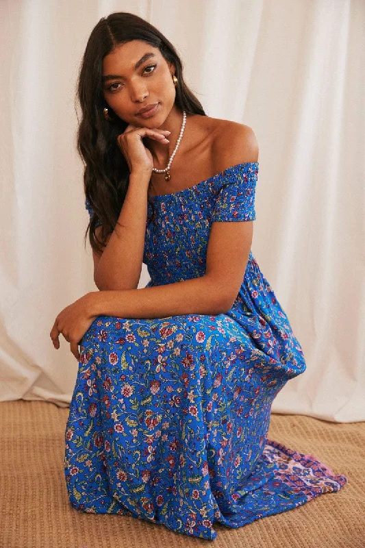 Blue Boho Maxi Dress Off Shoulder