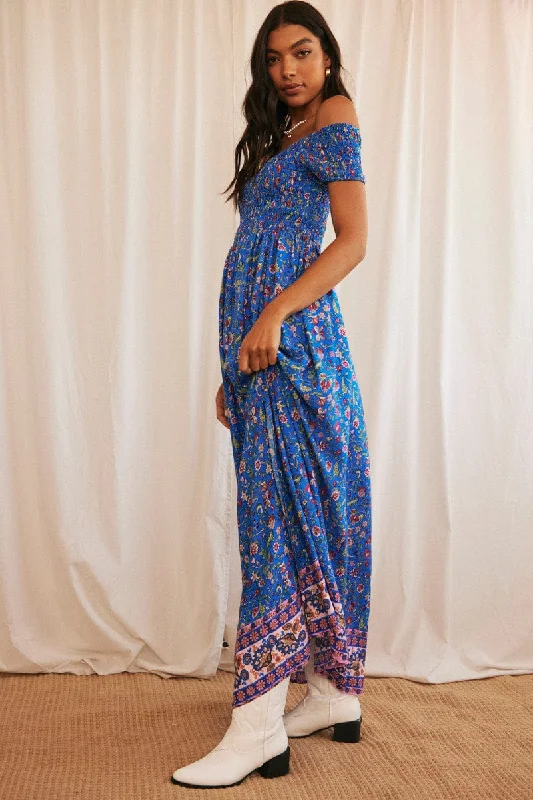 Blue Boho Maxi Dress Off Shoulder