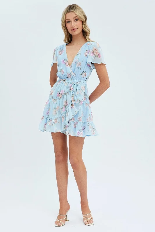 Blue Floral Fit And Flare Dress Short Sleeve Wrap Chiffon