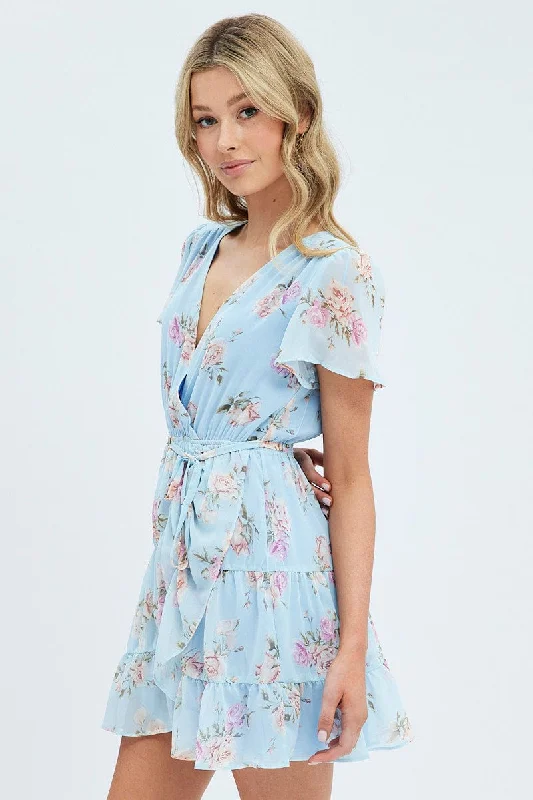 Blue Floral Fit And Flare Dress Short Sleeve Wrap Chiffon