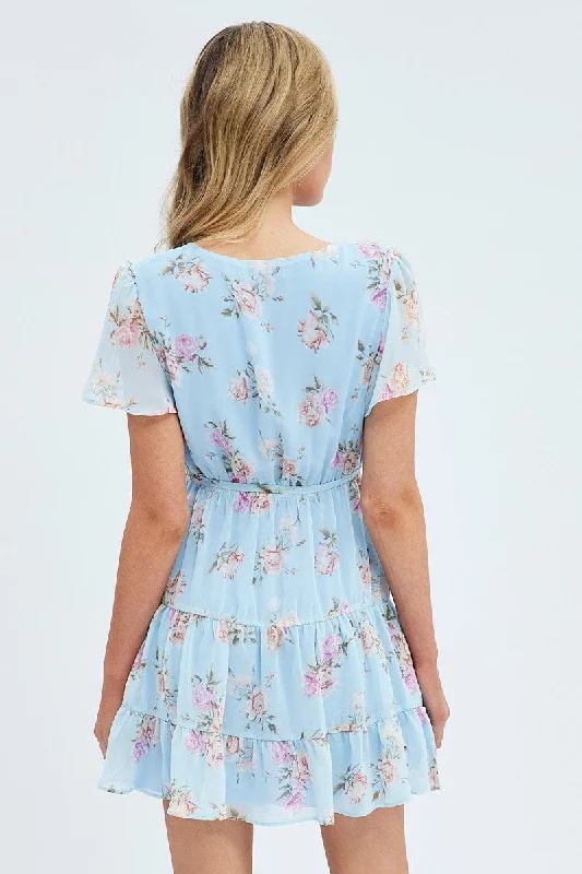 Blue Floral Fit And Flare Dress Short Sleeve Wrap Chiffon