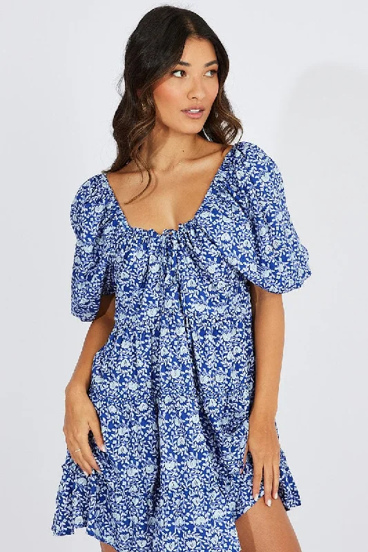 Blue Floral Fit And Flare Mini Dress Puff Sleeve