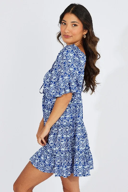 Blue Floral Fit And Flare Mini Dress Puff Sleeve