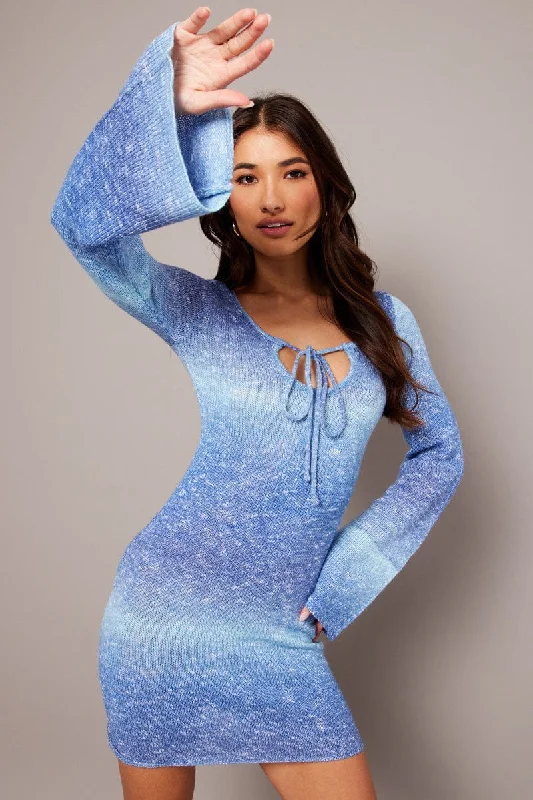 Blue Knit Dress Long Sleeve Mini