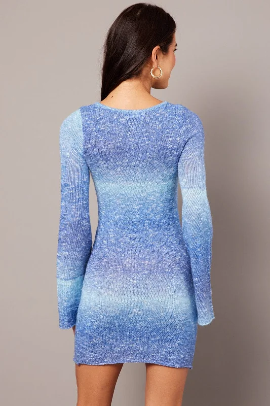 Blue Knit Dress Long Sleeve Mini