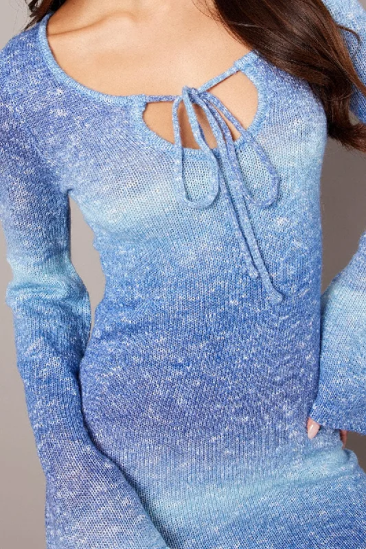 Blue Knit Dress Long Sleeve Mini