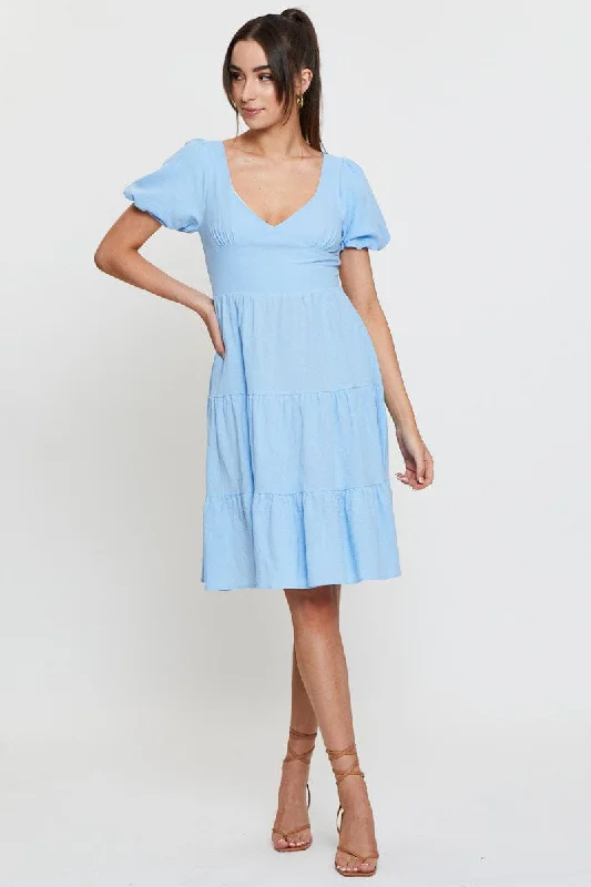 Blue Midi Dress Short Sleeve V Neck