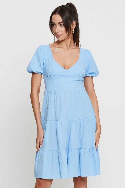 Blue Midi Dress Short Sleeve V Neck