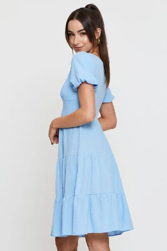 Blue Midi Dress Short Sleeve V Neck