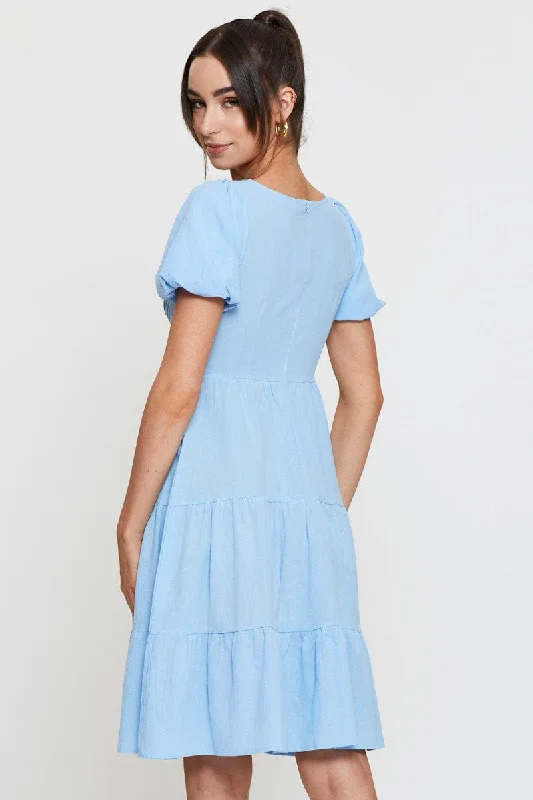 Blue Midi Dress Short Sleeve V Neck