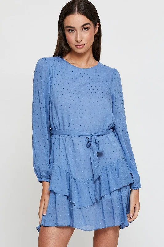 Blue Mini Dress Long Sleeve Round Neck