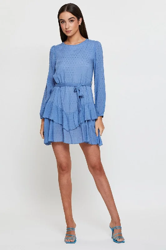 Blue Mini Dress Long Sleeve Round Neck