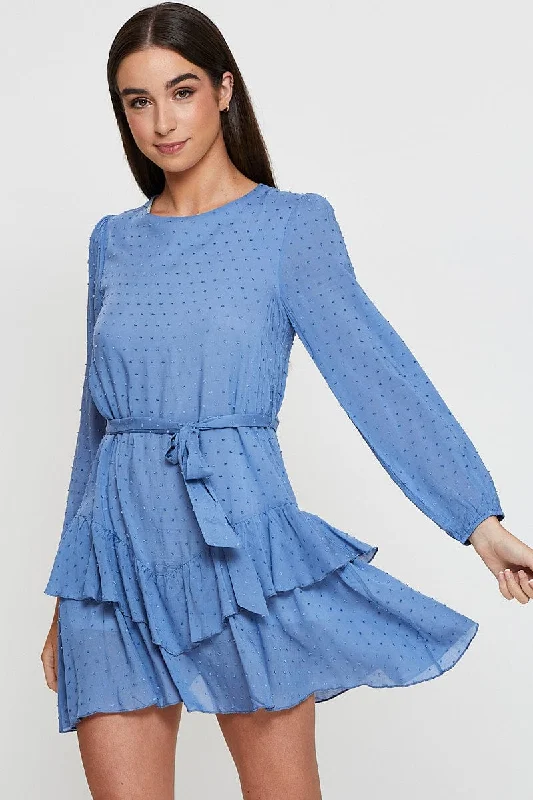 Blue Mini Dress Long Sleeve Round Neck