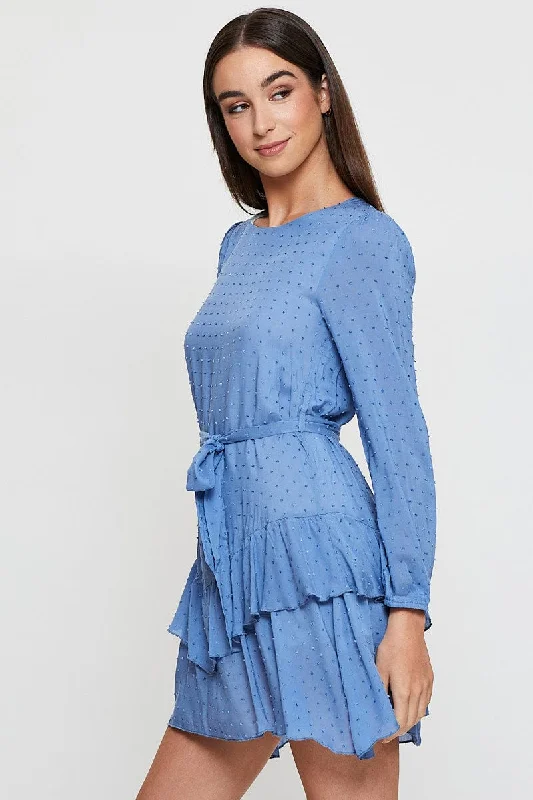 Blue Mini Dress Long Sleeve Round Neck