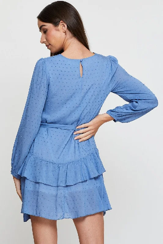 Blue Mini Dress Long Sleeve Round Neck