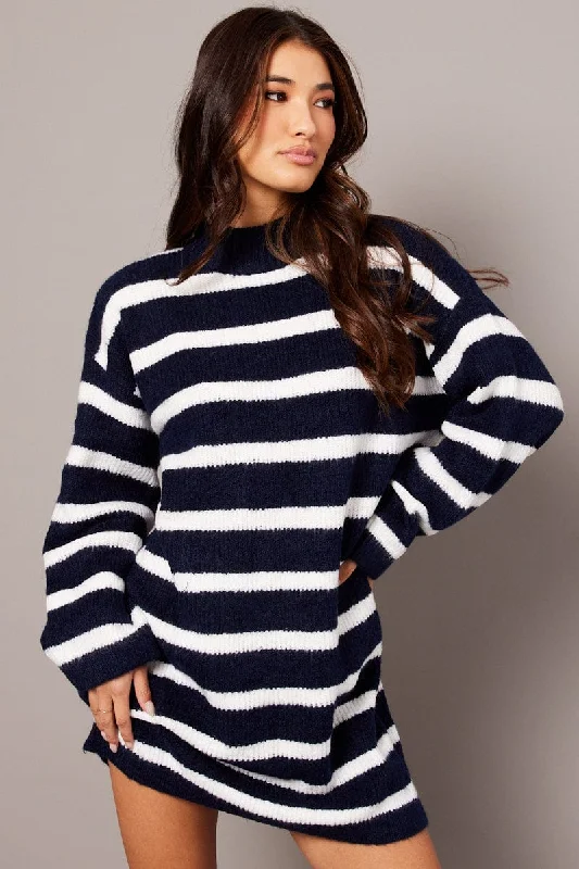 Blue Stripe Knit Jumper Dress Mini