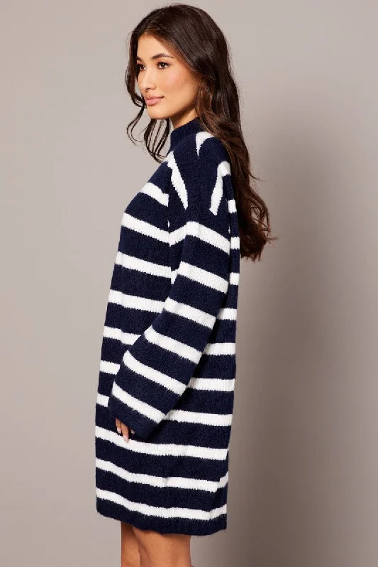 Blue Stripe Knit Jumper Dress Mini