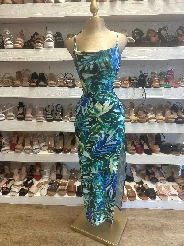 Blue Tropical Print Slit Dress