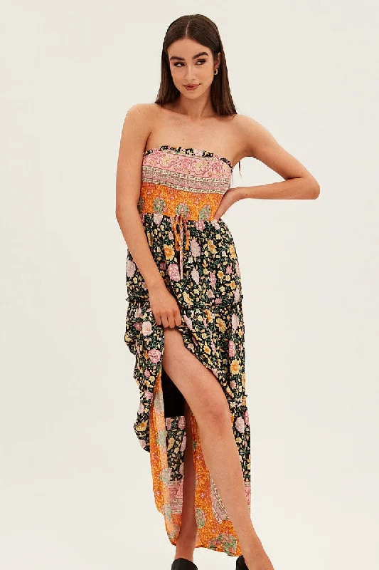 Boho Print Maxi Dress Bandeau Sun Dress