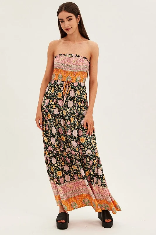 Boho Print Maxi Dress Bandeau Sun Dress