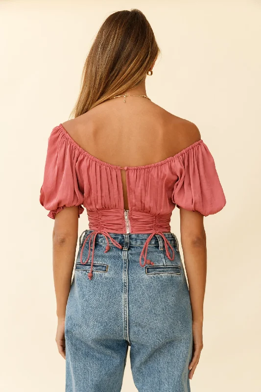 Bright Side Puff Sleeve Ruched Crop Top Rose