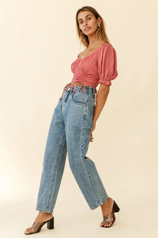 Bright Side Puff Sleeve Ruched Crop Top Rose