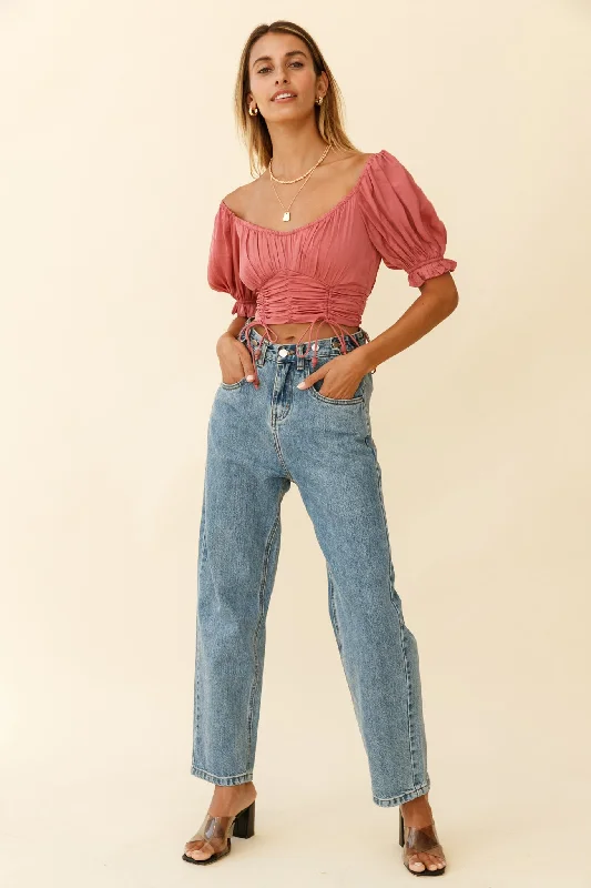 Bright Side Puff Sleeve Ruched Crop Top Rose