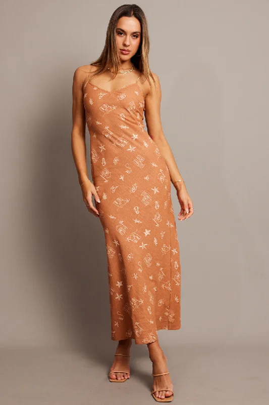 Brown Abstract Maxi Dress Bias Cut