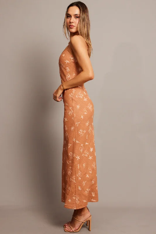 Brown Abstract Maxi Dress Bias Cut