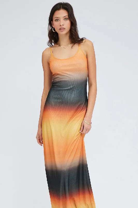 Brown Abstract Maxi Dress Sleeveless Mesh