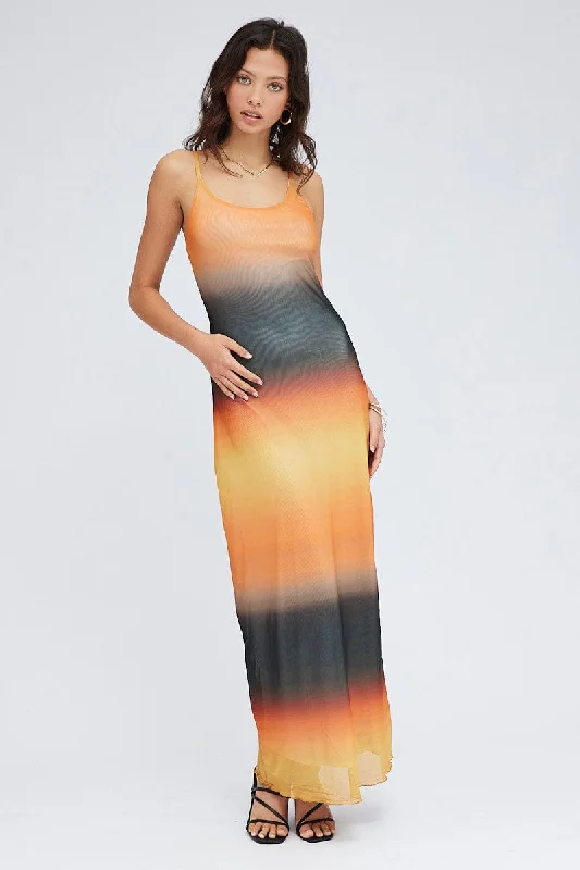 Brown Abstract Maxi Dress Sleeveless Mesh