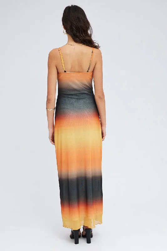 Brown Abstract Maxi Dress Sleeveless Mesh