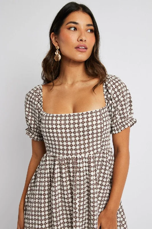 Brown Geo Fit and Flare Dress Short Sleeve