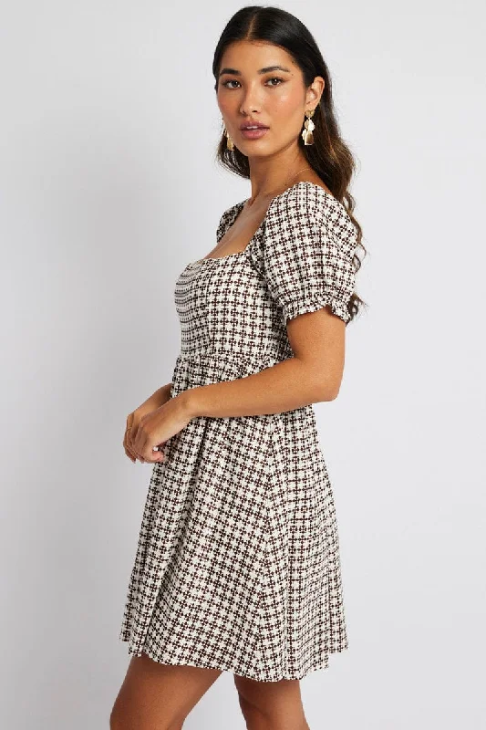 Brown Geo Fit and Flare Dress Short Sleeve