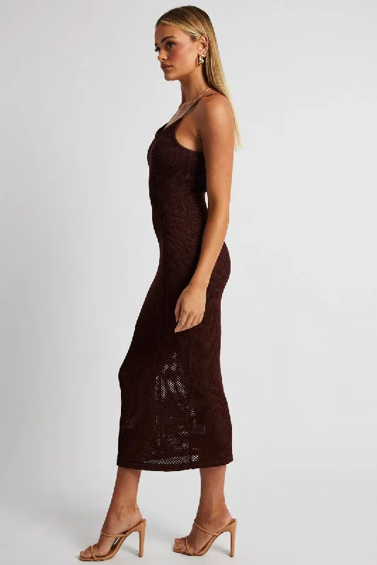 Brown Knit Midi Dress Sleeveless