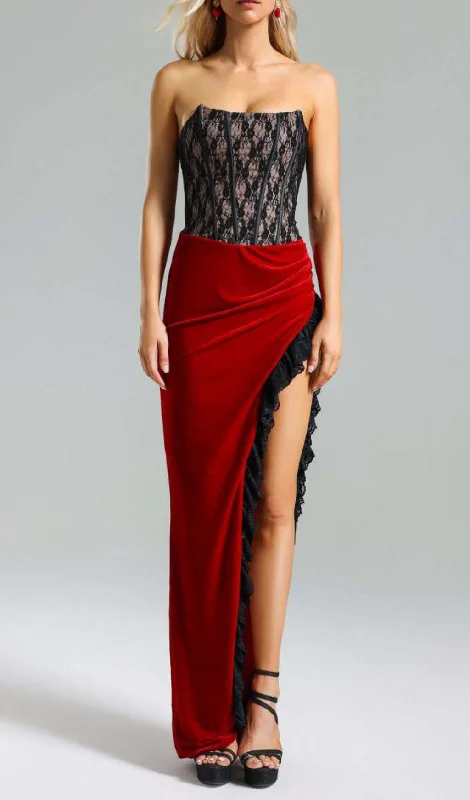 BURGUNDY LACE VELVET CORSET SLIT MAXI DRESS