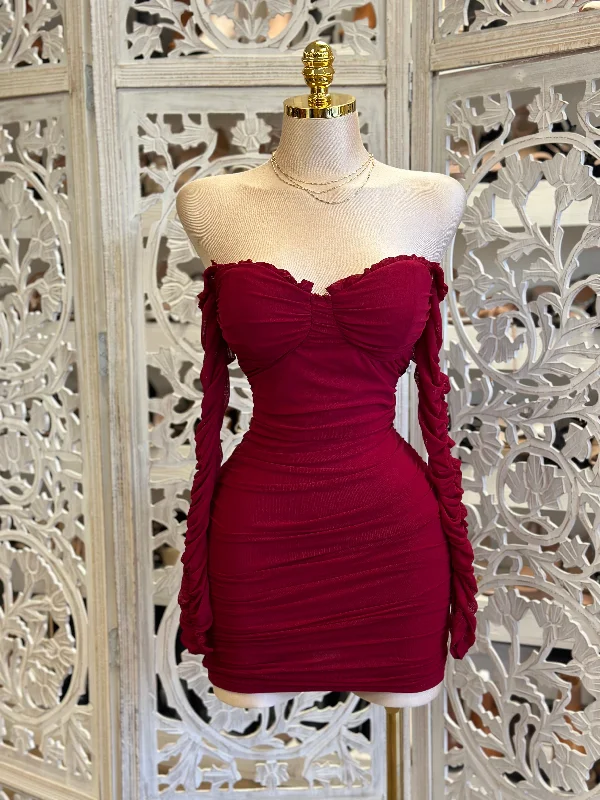 Burgundy Ruched Sleeve Mini Dress - Estira, Stretchy