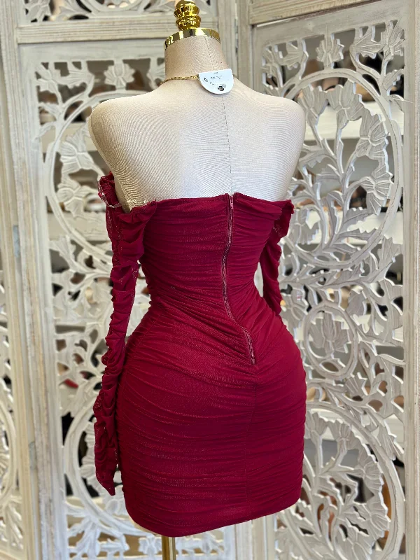 Burgundy Ruched Sleeve Mini Dress - Estira, Stretchy