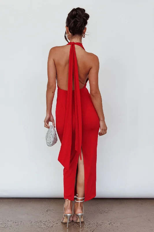 Caden Backless Halterneck Dress Red