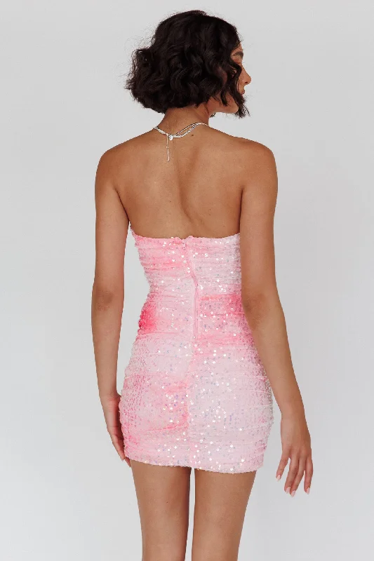 Calen Ruched Sequin Mini Dress Pink