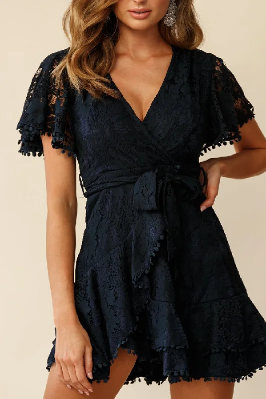 Cami Angel Sleeve Faux Wrap Dress Navy Lace