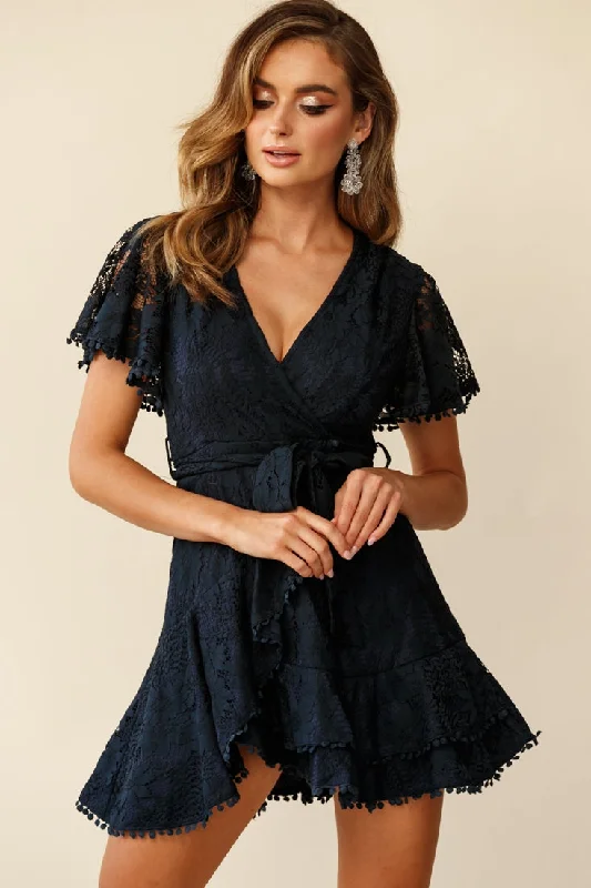 Cami Angel Sleeve Faux Wrap Dress Navy Lace