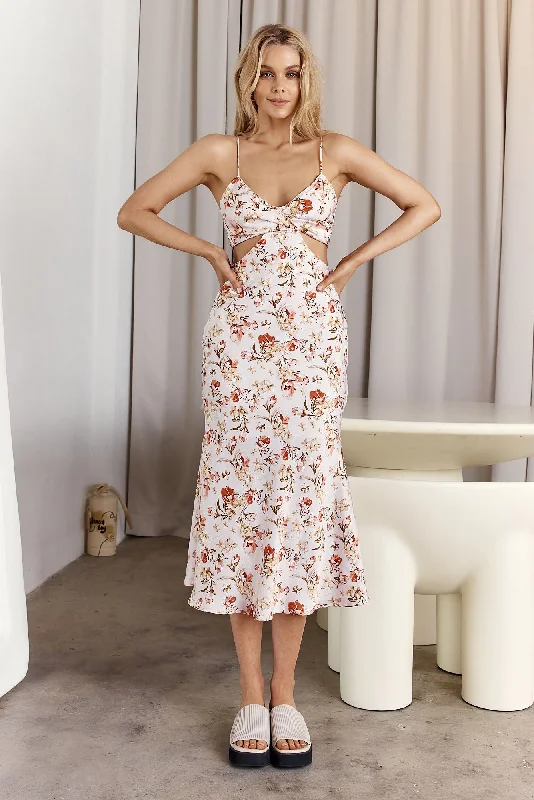 Cariba Cut-Out Waist Midi Dress Floral Blush