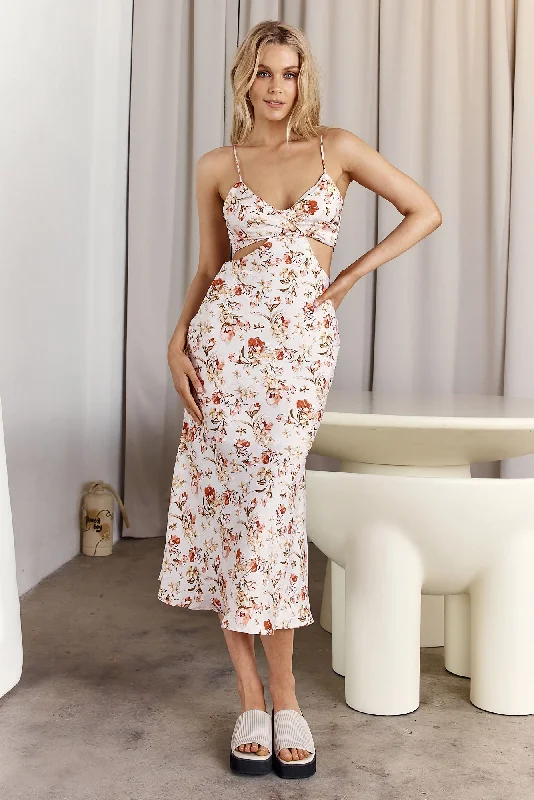 Cariba Cut-Out Waist Midi Dress Floral Blush